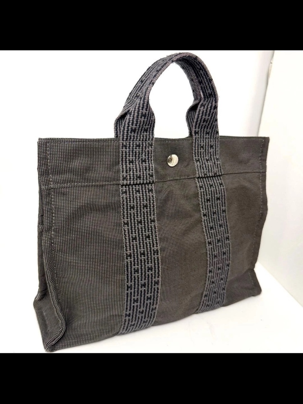 Hermes Dark Gray Canvas Messenger Tote with Webbed Straps